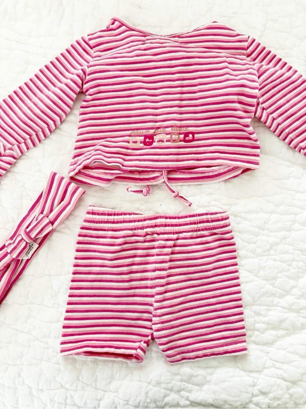deux par deux Pink and White Striped matching Set with Headband 12m baby girl